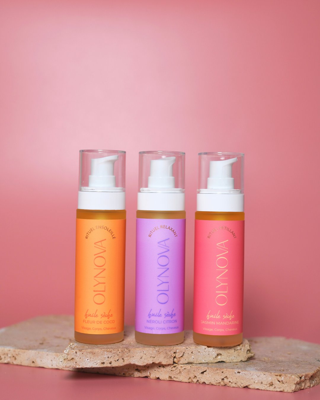 Huiles sèches pour le corps parfumées au monoï, jasmin et mandarine, néroli et citron